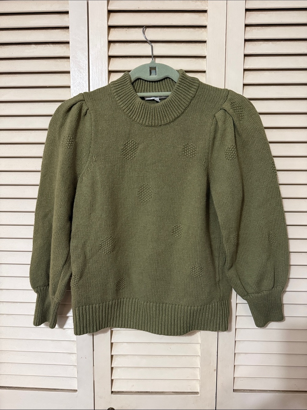 Madewell Olive Green Puff-Sleeve Crewneck Sweater